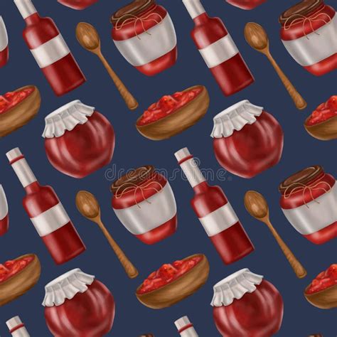 Seamless Pattern with Canned Tomato Sauce in Glass Jars and Wooden ...