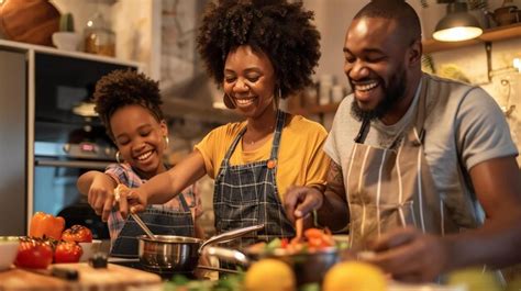 A happy family is cooking together in the kitchen They are laughing and ...
