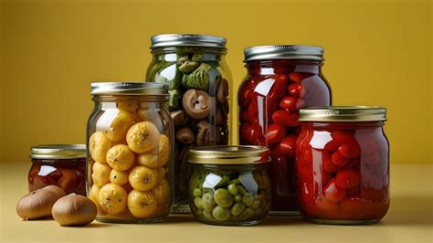Glass jars of different sizes with canned vegetables and mushrooms lie ...