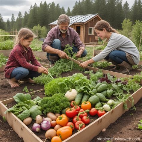 Family Harvesting Vegetables from Off-Grid Garden | Stable Diffusion Online