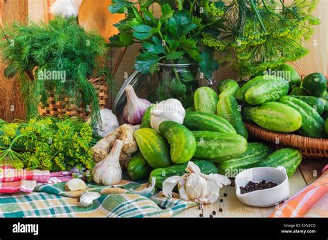 Preparing for pickling cucumbers: the various components Stock Photo ...