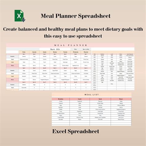 Meal Planner Spreadsheet, Monthly Meal Prep Template, Family Meal ...