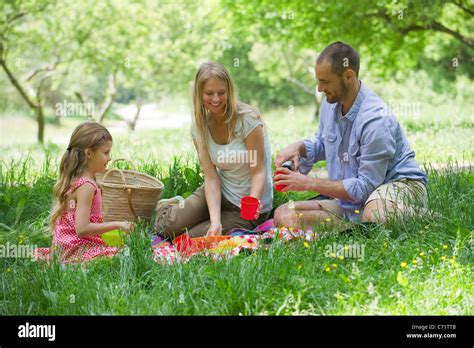 Family enjoying picnic outdoors Stock Photo - Alamy