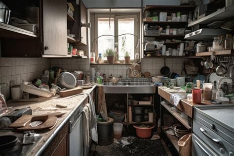 Very Messy Kitchen Interior. Unwashed Dishes. Generative AI Stock ...
