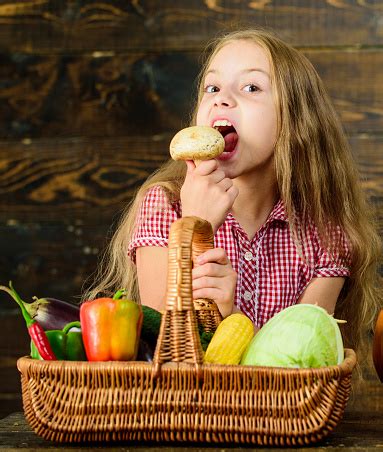 Kid Girl Near Basket Full Of Fresh Vegetables Harvest Rustic Style ...