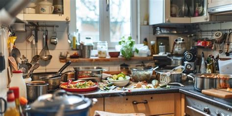 Premium Photo | Cluttered Kitchen with Dirty Dishes and Pots and Pans ...