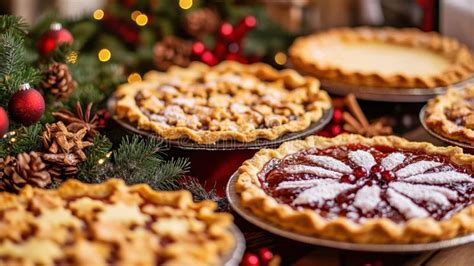 Festive Holiday Table with Assorted Homemade Christmas Pies Stock Image ...