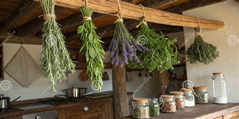 Freshly Harvested Herbs Hanging in a Rustic Kitchen, Showcasing Vibrant ...