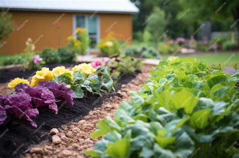 Premium AI Image | Mulched flower beds and plant rows in a backyard