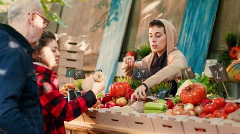 Female Local Farmer Talking To Customers about Homegrown Produce Stock ...