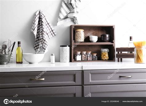 Utensils with products on counter in kitchen Stock Photo by ©serezniy ...