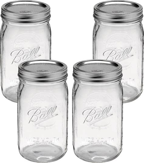 Wide Mouth Mason Jars 32 oz - (4 Pack) Ball Quart With Airtight lids ...