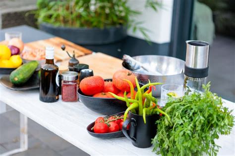 Fresh Ingredients on Outdoor Table for Cooking Stock Image - Image of ...