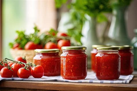 Premium AI Image | Homemade tomato sauce preserved in glass jars on the ...