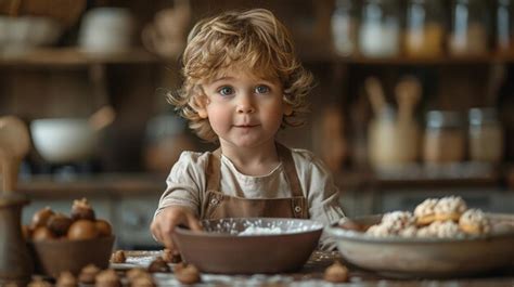 Happy child is smiling joyfully in the kitchen Fun and adorable messy ...