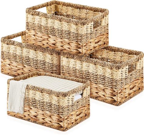 Amazon.com: Suzile 4 Pcs Wicker Storage Basket Water Hyacinth Seagrass ...