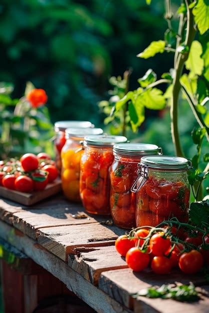 Premium Photo | Tomatoes canned in garden jars Selective focus