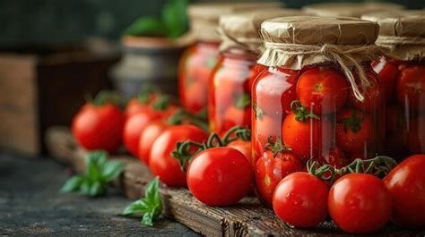 Premium Photo | Homemade canned tomatoes in glass jars on a dark rustic ...