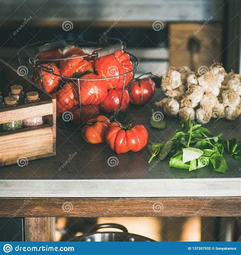 Kitchen Counter with Ingredients for Cooking, Square Crop Stock Photo ...
