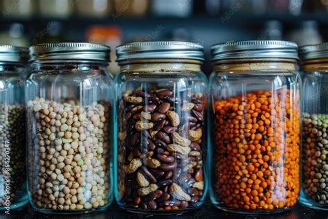 A row of glass jars filled with various types of beans and other ...