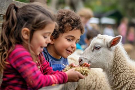 Premium Photo | Children Happily Feeding Farm Animals At Petting Zoo