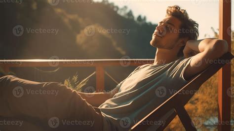 AI Generative Young calm man relaxing sitting on terrace chair hands ...