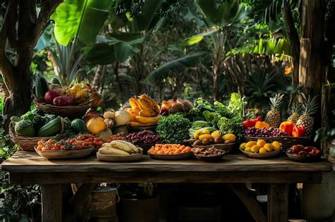 Assortment of Fresh Produce on a Wooden Table in a Lush Garden Setting ...