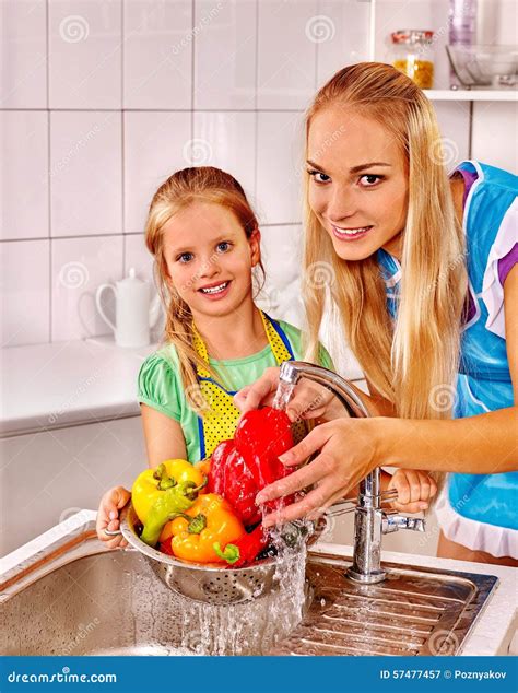 Family with Child Washing Fruit at Kitchen Stock Image - Image of ...