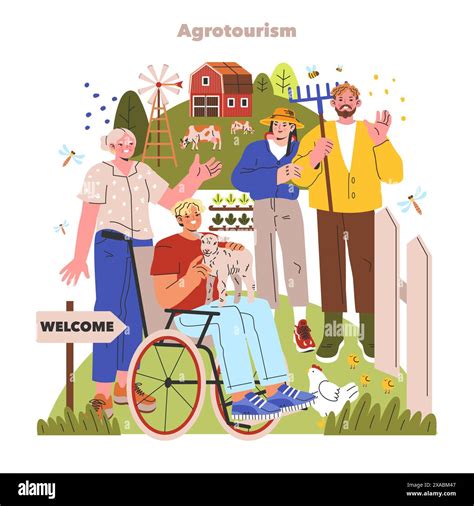 Agrotourism concept. Welcoming farm life scene with diverse visitors ...
