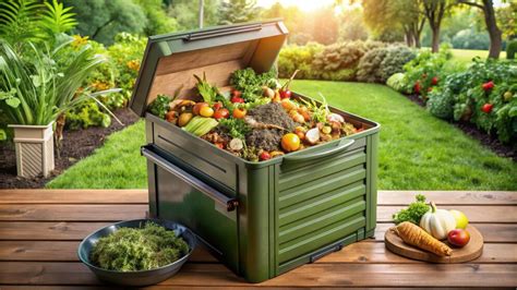 Visualize a home compost bin with compostable kitchen waste and ...