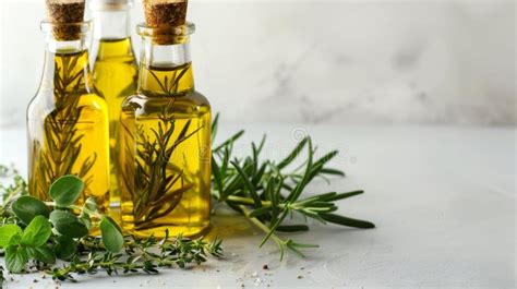 Aromatic Herbal Infused Olive Oil Bottles on Kitchen Counter Stock ...