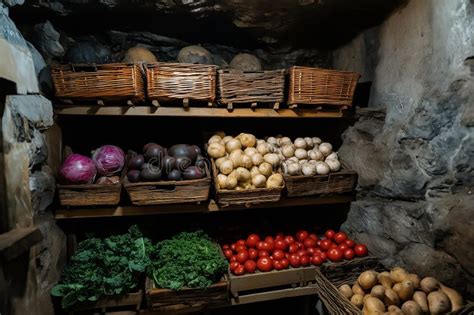 Traditional Root Cellar Filled with Fresh Vegetables and Earthy Tones ...