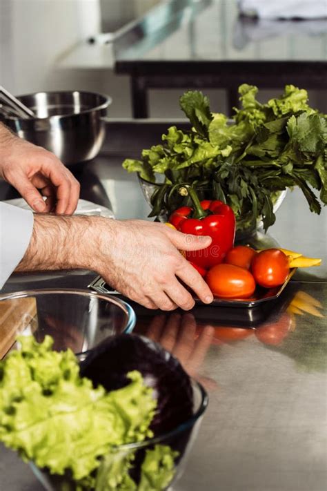 Fresh Vegetables at Kitchen Restaurant. Closeup Chef Hands Prepare ...