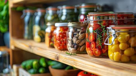 Preserved Foods on Wooden Shelves Stock Illustration - Illustration of ...