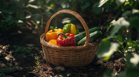 Vegetable Basket in a Garden Filled with Freshly Harvested Bell Peppers ...
