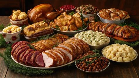 Festive Dinner Spread with Roasted Meats and Holiday Sides Stock ...