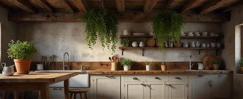 Rustic Farmhouse Kitchen with Exposed Beams and Potted Herbs Creating a ...