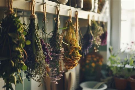 A close up various herbs hanging to dry in a cozy kitchen showcasing ...