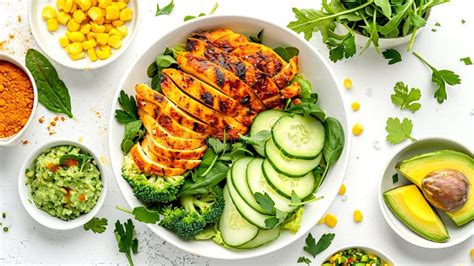 Colorful Salad Bowl with Grilled Chicken, Fresh Cucumbers, Corn ...