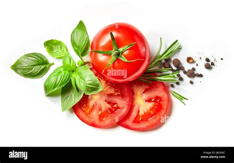 fresh tomato, herbs and spices isolated on white background, top view ...