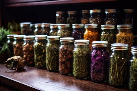 Close-up of Dried Medicinal Herbs in Glass Jars Stock Illustration ...