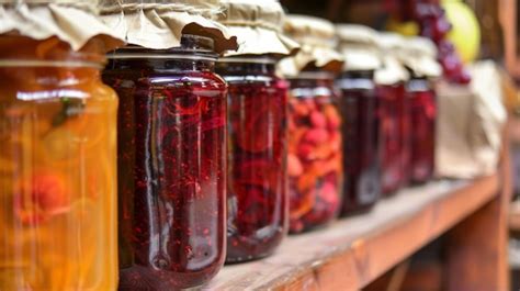 Colorful homemade preserves in glass jars on wooden shelf | Premium AI ...