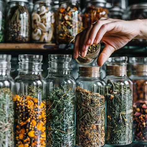 A person using glass jars to store dried herbs | Premium AI-generated image