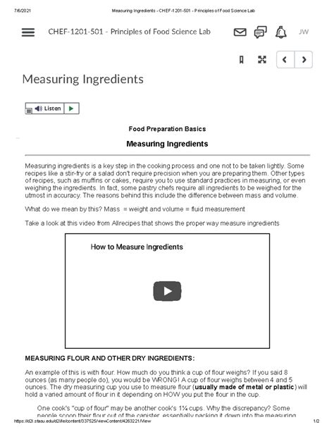 Measuring Ingredients - CHEF-1201-501 - Principles of Food Science Lab ...