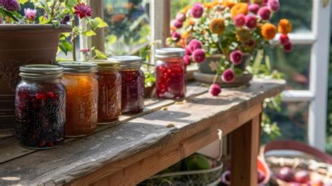 Jars of homemade preserves made from handpicked fruits from the garden ...