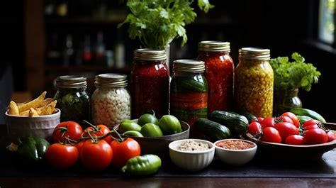The image shows a variety of preserved foods including tomatoes peppers ...