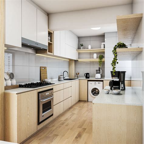 Scandinavian Kitchen Design with Wood and White Cabinets | Livspace