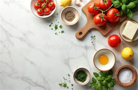 Overhead Shot of Kitchen Counter with Meal Prep Ingredients Tomatoes ...