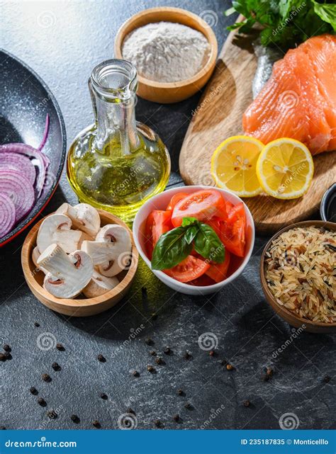 Fresh Food Ingredients Prepared for Cooking on a Kitchen Table Stock ...