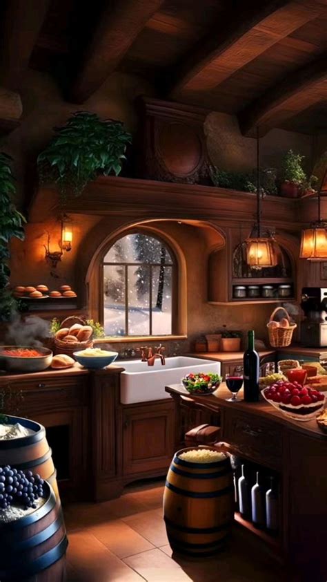 Rustic Cabin Kitchen with Plenty of Food and Wine